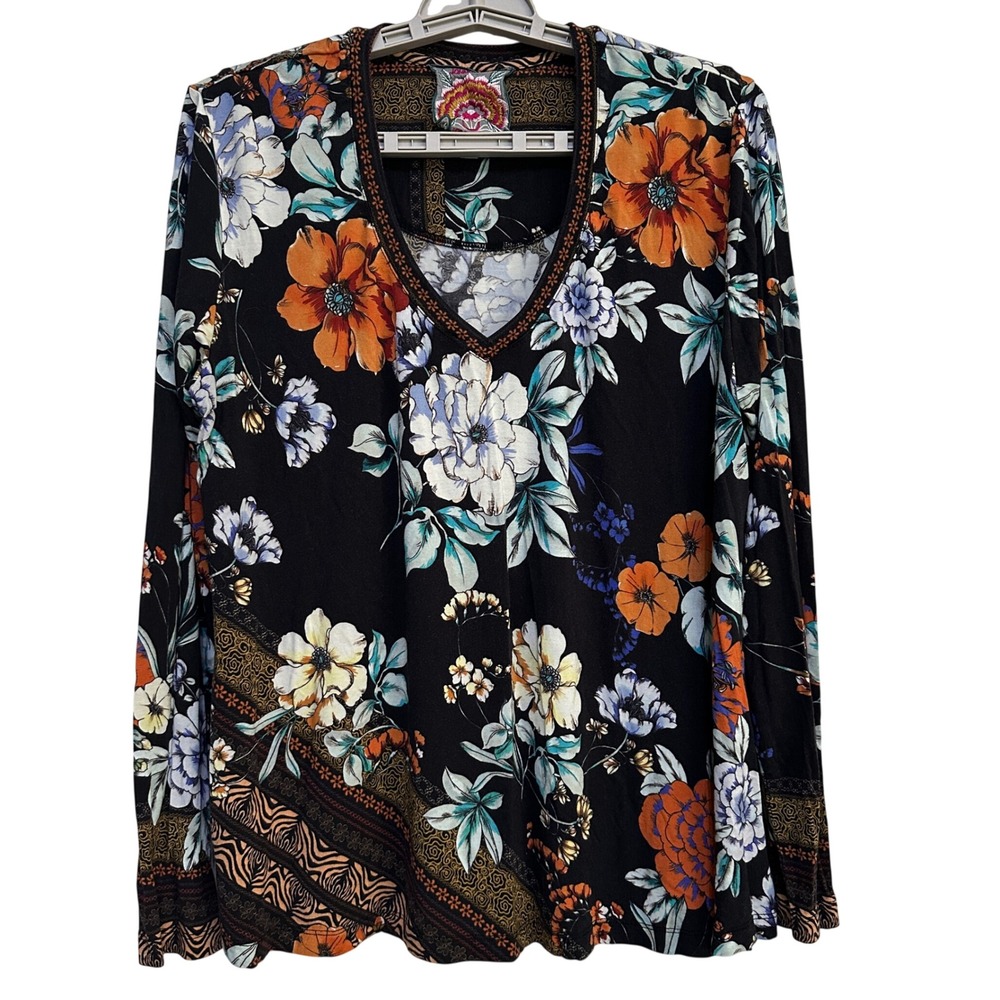 Johnny Was Floral V-Neck Long Sleeve Bamboo Top Womens M Boho Cottagecore Artsy